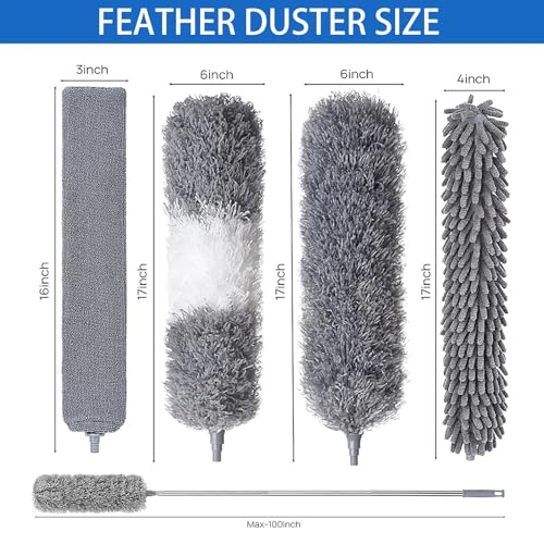 Dusters for Cleaning - 9Pcs Feather Duster Extendable Pole Up to 100'', Microfibre Feather Duster Bendable Washable Long Duster for Cleaning Ceiling Chandelier High Ceiling Furniture - color: 9pcs