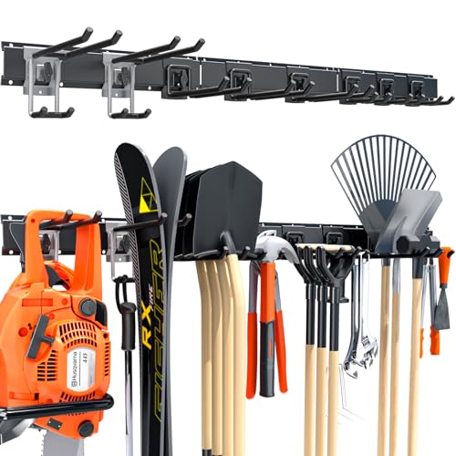 48" Garage Tool Organizer Wall Mount, 440lbs Heavy Duty Metal Storage Rack | Adjustable Hooks Garden Tool Organization System | Anti-Rust Shed Holder for Hanging Rake, Broom, Shovel, Snowboard - color: 48‘’ Metal Hooks