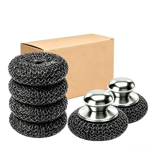 6Pcs Steel Wool Scrubber, Stainless Steel Scouring Pads with 2pcs Handle - Ultimate Cleaning Solution for Dishes, Kitchen Cleaning, Stoves, Pots and Pans, Grill, Wash Sink, Cleaning Dishes