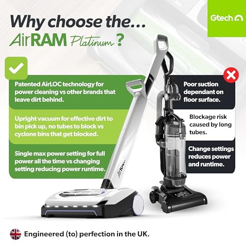 Gtech AirRAM Platinum Cordless Vacuum Cleaner - Includes Anti-Hair Wrap Brush Bar - Perfect for Carpet and Hardwood Floors - Rechargeable 22v Li-ion Battery - Lightweight (7 lbs.) - style: AirRAM2 Platinum Cordless Upright