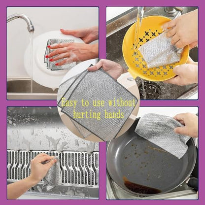 Double layer metal wire scratch free cloth, dry and wet dual-purpose metal wire dishwashing cloth, suitable for kitchen cleaning, cookware, tableware, sink, stove, etc., easy to rinse (10 pieces)