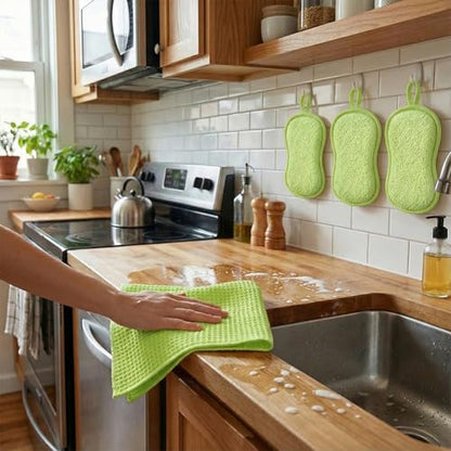 6Pcs Microfiber Cleaning Cloths & Sponges Set - 3Pcs Absorbent Towels + 3Pcs Dual-Sided Scrub Sponges - for Kitchen, Car, Bathroom, Dishes and Hard Surfaces(Green) - color: Green