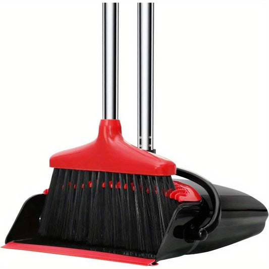 Broom with Dustpan Combo Set, 43” Long Handle Broom and Dustpan Set, Upright Standing Dust Pan for Home and Kitchen, Brooms for Sweeping Indoor（Black&Red）