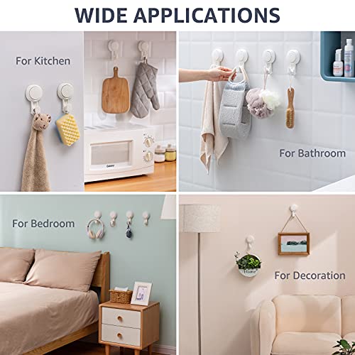 LEVERLOC Heavy Duty Suction Cup Shower Hooks 4 Pack, Damage-Free Shower Hangers for Inside Bathroom Wall, Powerful Vacuum Suction Towel Hooks, Loofah Holders, Easy to Install and Remove, White - color: White Hook, Round
