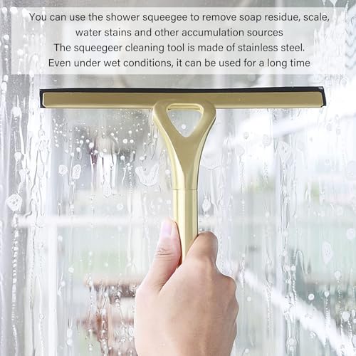 Squeegee for Shower Glass Door, Gold Stainless Steel Shower Squeegee with Hooks, Household Window Mirror Squeegee Wiper for Glass Door, Tile Wall