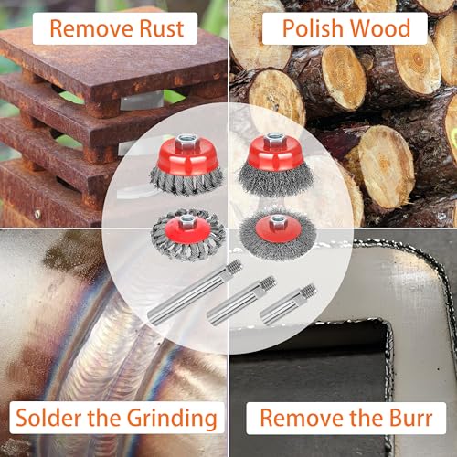 7 Pack Wire Wheel Cup Brush for 4 1/2 Angle Grinder with 5/8"-11 Thread Extension Rod,4 & 3 Inch Twist Knotted Coarse Crimped Wire Brushes (Wire Wheel Set & Grinder Extension Rod) - style: Wire Wheel Set & Grinder Extension Rod