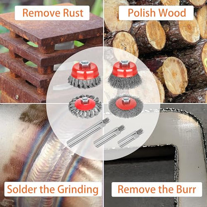 7 Pack Wire Wheel Cup Brush for 4 1/2 Angle Grinder with 5/8"-11 Thread Extension Rod,4 & 3 Inch Twist Knotted Coarse Crimped Wire Brushes (Wire Wheel Set & Grinder Extension Rod) - style: Wire Wheel Set & Grinder Extension Rod