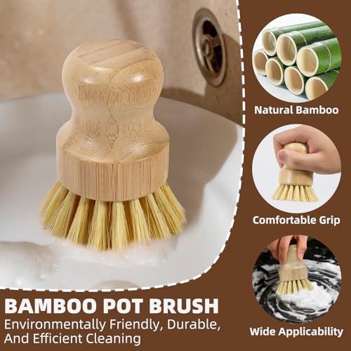SAMEBUETCO 6-Piece Bamboo Dish Brush Set with 2 Stainless Steel Drying Racks, 3 Mixed Fiber Pot Brushes & 1 Sisal Bristle Brush for Dishes, Pots, Pans, Vegetables & Kitchen Cleaning
