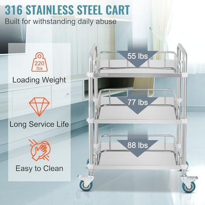 VEVOR Lab Rolling Cart, 3-Shelf Stainless Steel Rolling Cart, Lab Serving Cart with Swivel Casters, Dental Utility Cart for Clinic, Lab, Hospital, Salon, 26.38"x15.55"x34.13" - size: 3-tier shelves