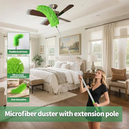 dusters for Cleaning extendable Long Handle，Webster Cobweb Duster with Extension Pole，Spider Web Remover Brush with Pole，Outdoor Web Cleaner Outside for use on Ceilings, cabinets, Walls, Light - color: Green