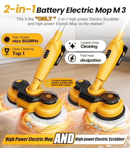 qimedo 6000mAh Battery Cordless Electric Mop M3, 800RPM Electric Power Scrubber & Mops for Floor Cleaning, Automatic Spin Mops with Smart Display,Rotating Mop with LED Light & Water Spray