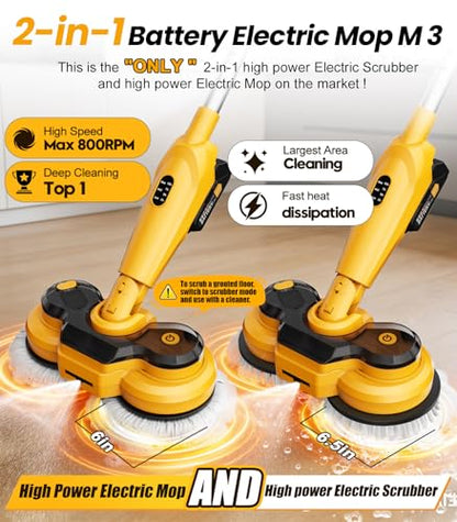 qimedo 6000mAh Battery Cordless Electric Mop M3, 800RPM Electric Power Scrubber & Mops for Floor Cleaning, Automatic Spin Mops with Smart Display,Rotating Mop with LED Light & Water Spray