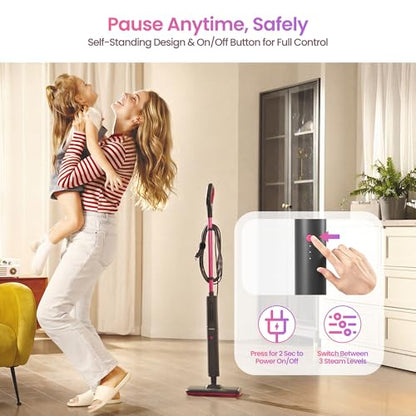 Schenley Steam Mop Cleaner Powerful - 15s Fast Heat-Up, Chemical-Free for Hardwood/Tile/Laminate & Floors/Walls, Washable Pads, 3 Modes for Carpet, Lightweight, Self-Standing, Sleek Design - size: Compact