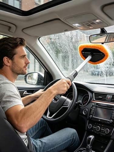 Car Windshield Cleaner Tool with Reusable Microfiber Pads Extendable Handle (1, Orange) - color: Orange