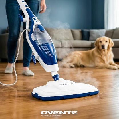 OVENTE 10-in-1 Steam Mop with Detachable Handheld Steamer, Foldable Handle and 400ml Removable Water Tank, MultiPurpose Home Cleaner for Tile Grout, Hardwood Floors, Carpet and Furniture, Blue ST505BL