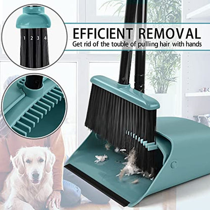 JEHONN Broom with Dustpan Combo Set, Long Handle Lightweight Indoor Broom Set, Upright Standing Dust Pan with Comb Teeth Store Sweep Set for Home Room Kitchen Office Lobby (Grey-Green) - color: Grey-green