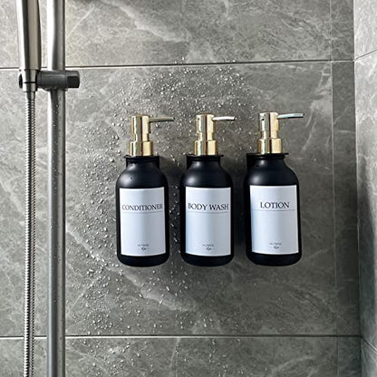 Shampoo Dispenser for Shower Wall, Shampoo and Conditioner Dispenser with 16 Waterproof Labels, No Drill Shower Soap Dispenser Bathroom, Shower Soap Dispenser Wall Mounted,17oz, 3 Pack, Gold Black - color: 1-black Bottle + Gold Pump