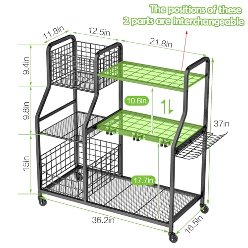 keomaisyto Garden Tool Organizer with Heavy Duty Wheels for Garage - with 2 Baskets, Large Yard Tool Organizer and Storage Holder, Utility Garden Tool Rack for/Shed/Garage/Yard/Basement/Lawn - size: Extra Extra Large-with Industrial Wheels