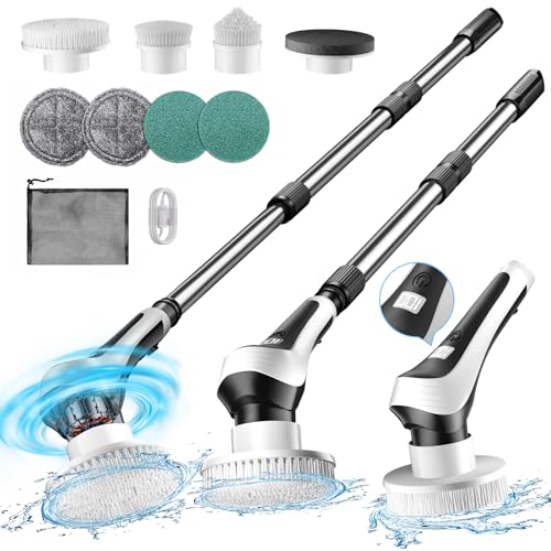 Electric Spin Scrubber,Cordless Shower Scrubber with Power Display Screen,IP68 Waterproof Bath Cleaning Brush,Adjustable Extension Handle & 2 Speeds,Electric Cleaning Brush for Bathroom,Kitchen,Tub