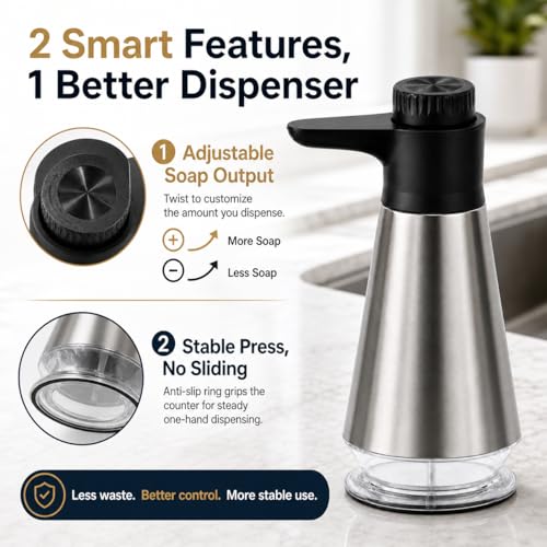 Dish Soap Dispenser for Kitchen,304 Stainless Steel Hand Soap Dispenser with Adjustable Output,Refillable Soap Pump with Clear Refill Base, Leak Resistant, Rust Resistant, Non-Slip