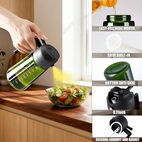 OURCABECUE Upgraded Made Oil Sprayer for Cooking 2 Set, 2 in 1 Spray and Pour Olive Oil Dispenser 16oz 470ml Dark Green Oil Spray Bottle, Mist Olive Oil Dispensing with Scale & 8 Labels - color: Green Bottle-Black Cap Scale