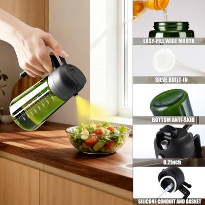 OURCABECUE Upgraded Made Oil Sprayer for Cooking 2 Set, 2 in 1 Spray and Pour Olive Oil Dispenser 16oz 470ml Dark Green Oil Spray Bottle, Mist Olive Oil Dispensing with Scale & 8 Labels - color: Green Bottle-Black Cap Scale
