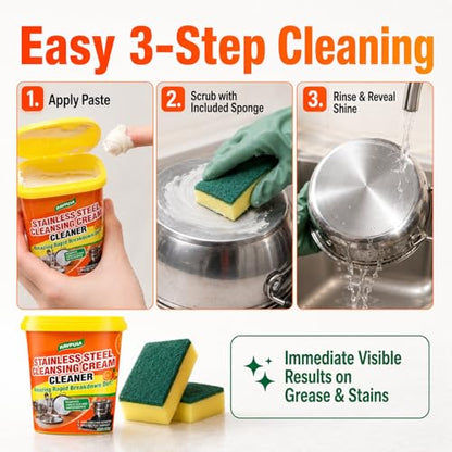 STAINLESS STEEL CLEANER & POLISH - Heavy Duty Cleaning Paste for Stove, Oven, Pans, Cookware, Sink | All Purpose Multi-Purpose Household Cleaner | Removes Grease & Stains | with 2 Sponges (500g)