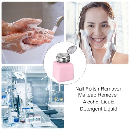2pcs Solvent Alcohol Dispensers 100ml(3.4oz) Push Down Liquid Dispenser Pump Bottle with Sealing Stainless Steel Lid for Acetone Cleanser Polish Remover, Pink