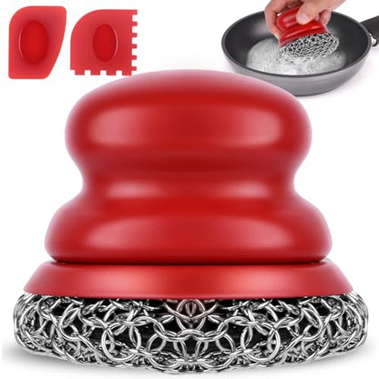 Cast Iron Scrubber and Scraper, Chain Mail Scrubber Cast Iron for Cleaning Dishes, Stock Pots, Pans, Griddles, Grills, Dish Scouring Pads - color: Red Coarse Mesh