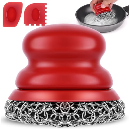 Cast Iron Scrubber and Scraper, Chain Mail Scrubber Cast Iron for Cleaning Dishes, Stock Pots, Pans, Griddles, Grills, Dish Scouring Pads - color: Red Coarse Mesh
