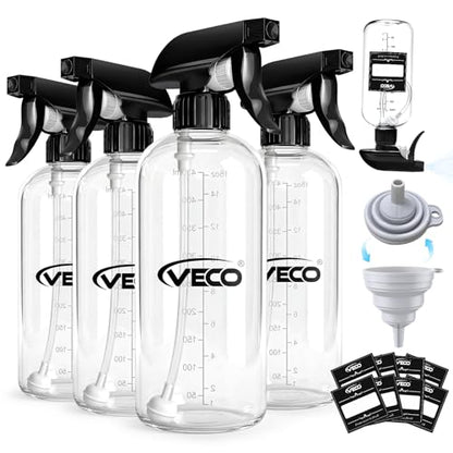 Veco 500mL (16oz) Graduated Spray Bottles, 4-Pack — 360° Any-Angle Spraying for Easy Dilution, Leak-Resistant spray bottles for Cleaning, Plants, Hair & Pet Use + Foldable Funnel - size: 16oz