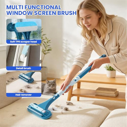 2-in-1 Screen Cleaning Brush with Squeegee - Window Mesh Cleaner & Pet Hair Remover for Couch, Multi-Use Crevice Tool for Patio and Porch Screens (Cyan Blue)