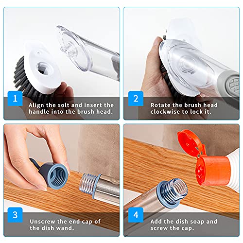 4-in-1 Dish Cleaning Brush Soap Dispensing Dish Brush Set with 4 Replacement Heads and Storage Holder, Kitchen Scrub Brush for Dish Pot Pan Sink Cleaning (Grey) - color: Gray
