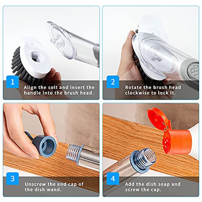 4-in-1 Dish Cleaning Brush Soap Dispensing Dish Brush Set with 4 Replacement Heads and Storage Holder, Kitchen Scrub Brush for Dish Pot Pan Sink Cleaning (Grey) - color: Gray