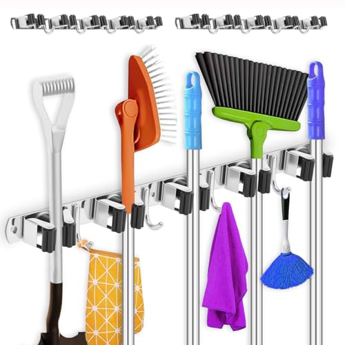 2 Pack Broom Holder Wall Mount 5 Racks 4 Hooks Stainless Steel Broom Mop Holder Anti Slip Storage Rack Strong Load Bearing Waterproof Broom and Mop Organizer Wall Hanging for Bathroom Kitchen Garage