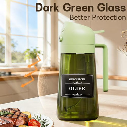OURCABECUE 2 in 1 Olive Oil Sprayer for Cooking, 16oz/470ml Olive Oil Dispenser Bottle for Kitchen, Light-Blocking Dark Glass Oil Bottle, Food-Grade Oil Mister with 8 Oil Stickers (Green Bottle-Cap) - color: Green Bottle-Green Cap