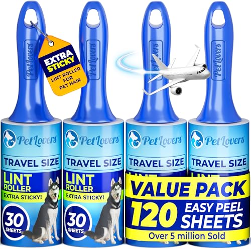 PetLovers Extra Sticky Lint Roller Mega Value Set for Pet Hair Removal and Clothes, Dog and Cat Lint Remover (Blue, 4 Pack Mini) - size: 4 Pack Mini