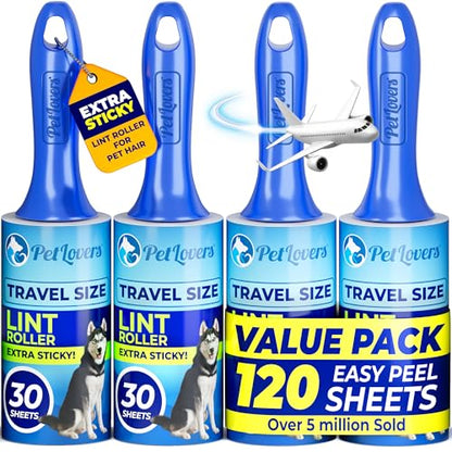 PetLovers Extra Sticky Lint Roller Mega Value Set for Pet Hair Removal and Clothes, Dog and Cat Lint Remover (Blue, 4 Pack Mini) - size: 4 Pack Mini