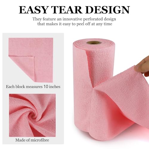 wuyaoyao 50PCS Microfiber Cleaning Cloth Roll, 10"×10" Tear Away Microfiber Towels, Reusable Washable Cloth Paper Towels, Multi-Purpose Cleaning Rags for Car Home Kitchen Garage Shop (Pink) - color: Pink