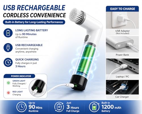Electric Spin Scrubber Cordless Cleaning Brush, USB Rechargeable Power Scrubber for Bathroom, Kitchen, Tile, Grout, Sink & Shower Cleaning, 4 Replaceable Brush Heads, Portable Handheld Cleaning Tool