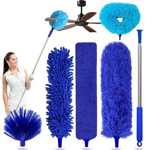 6-in-1 Duster for Cleaning Kit, Extendable Duster with Stainless Steel Pole - Microfiber, Ceiling Fan Cleaner Dusters and Chenille Dusters, Bendable Cobweb Removers for High Ceilings, Fans, Blinds - color: Blue