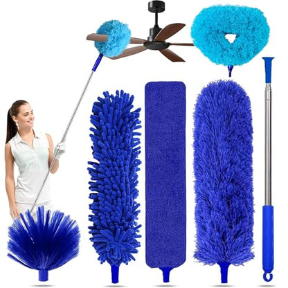 6-in-1 Duster for Cleaning Kit, Extendable Duster with Stainless Steel Pole - Microfiber, Ceiling Fan Cleaner Dusters and Chenille Dusters, Bendable Cobweb Removers for High Ceilings, Fans, Blinds - color: Blue