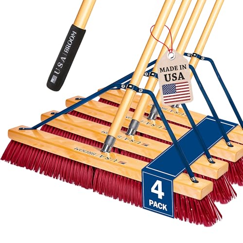 4-Pack - 24" Red Everyday Sweep Indoor/Outdoor Push Broom with 60" Handle. Ideal for Garages & Shops. Durable American Made Steel Brackets-All Stainless Steel Hardware. No Plastic. 100% USA Made - color: Style Everyday Sweep - Red, size: 4 Pack