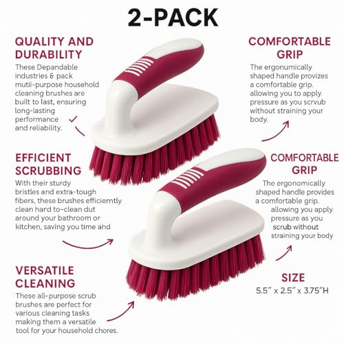 2-Pack Scrub Brushes with Rubber Grip – Heavy-Duty Bristles for Bathroom, Tile, Grout, Shower, Sink & Floor Cleaning – Dependable Industries - color: White-pink