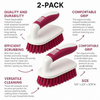 2-Pack Scrub Brushes with Rubber Grip – Heavy-Duty Bristles for Bathroom, Tile, Grout, Shower, Sink & Floor Cleaning – Dependable Industries - color: White-pink