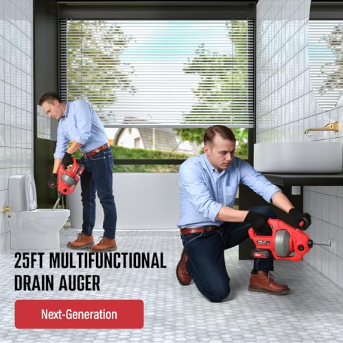 POPULO 20V Cordless Electric Drain Snake, 25Ft Replaceable Cable with 2.0Ah Battery, Extension Tube & Charger, Snake Drain Clog Remover Tool for Toilet, Floor Drain, Sink and Shower 3/4"-2" Pipe - style: 25ft Toilet - Red