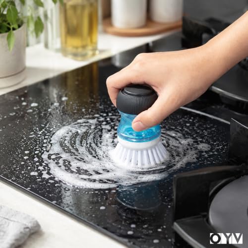 OYV Soap Dispensing Palm Brush, Dish Brush Set with Silicone Drip Tray and One Refill, Kitchen Dish Scrub Brush for Cleaning Pots, Pans, Sinks - color: White/Clear/Black