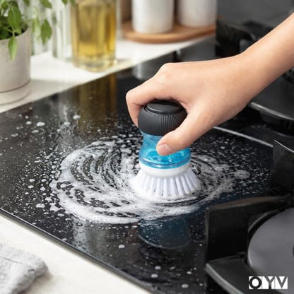 OYV Soap Dispensing Palm Brush, Dish Brush Set with Silicone Drip Tray and One Refill, Kitchen Dish Scrub Brush for Cleaning Pots, Pans, Sinks - color: White/Clear/Black