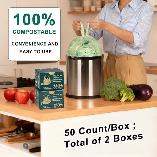 HECTOLIFE 1.6 Gallon 300 Count,Compostable Bags Handle Tie,Tear Resistant Kitchen Food Scrap Waste Bag, ASTM D6400, US BPI and Europe OK Compost Home Certified - style: 1.6gallon (300count)