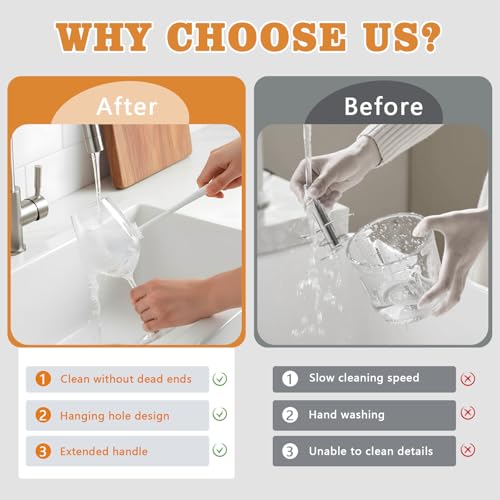 2 PCS Silicone Bottle Cleaning Brush, 360° Flexible Silicone Brush with Long Handle, Soft Petite Cleaner for Baby Bottle, Straw, Jar, Coffee Cup, White